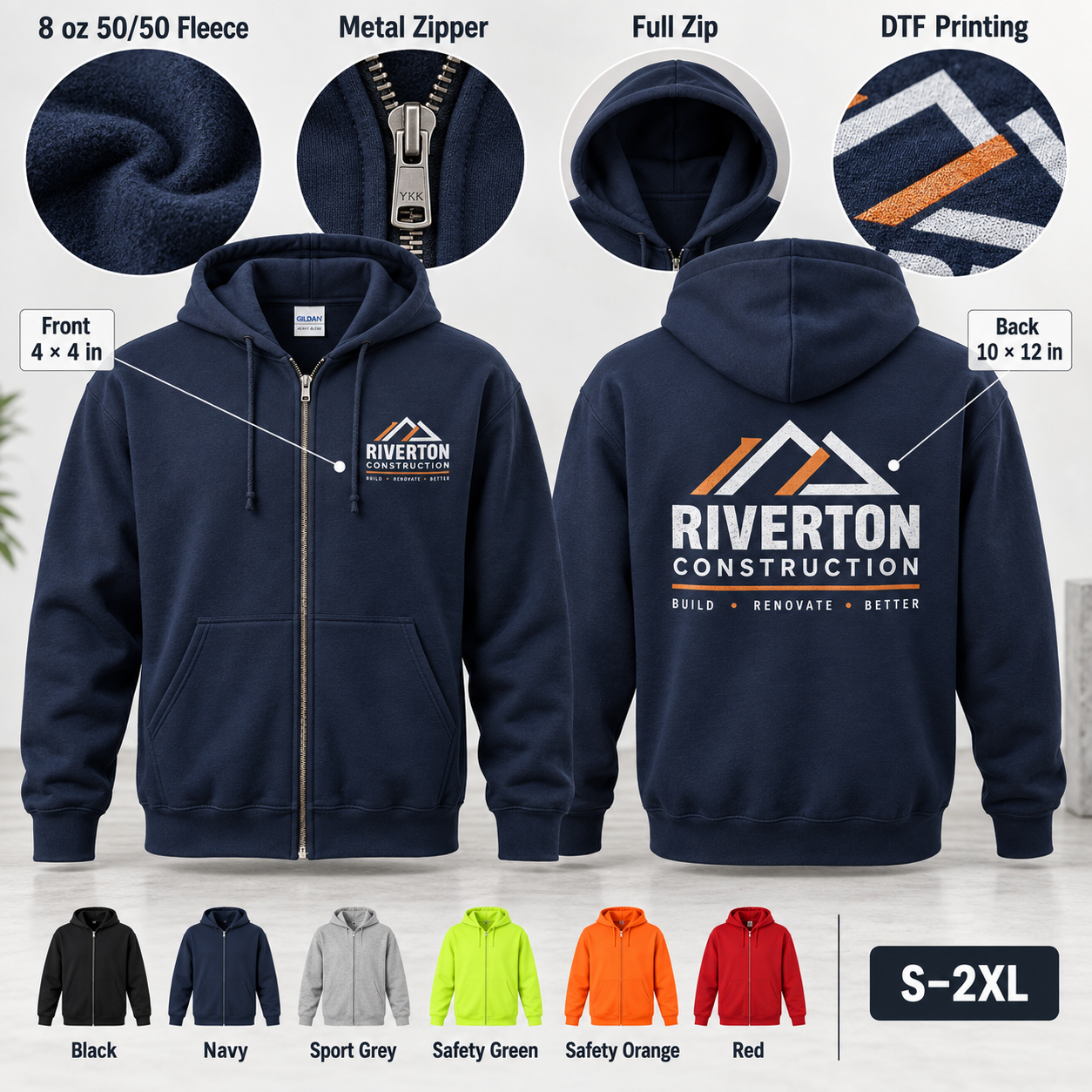 Custom Contractor Full-Zip Hoodie Gildan 18600 sizes and specifications
